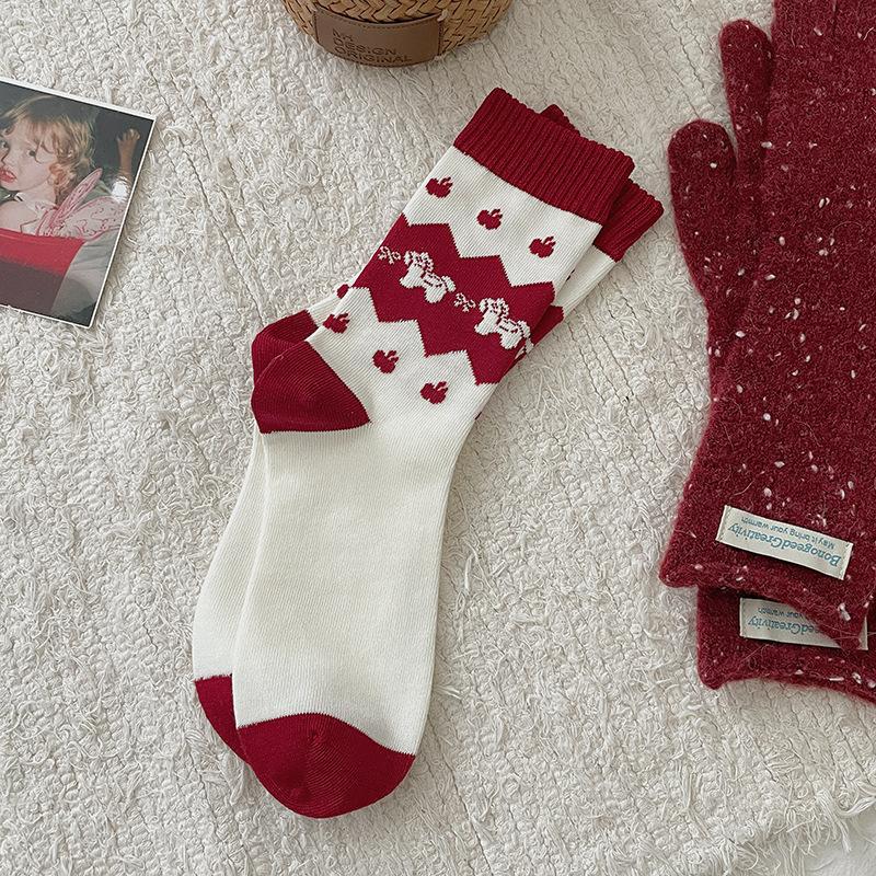Year Of The Horse Red Socks Mid-Leg Socks Season Thickened Warm Embroidered Pony 26 New Year'S Stockings