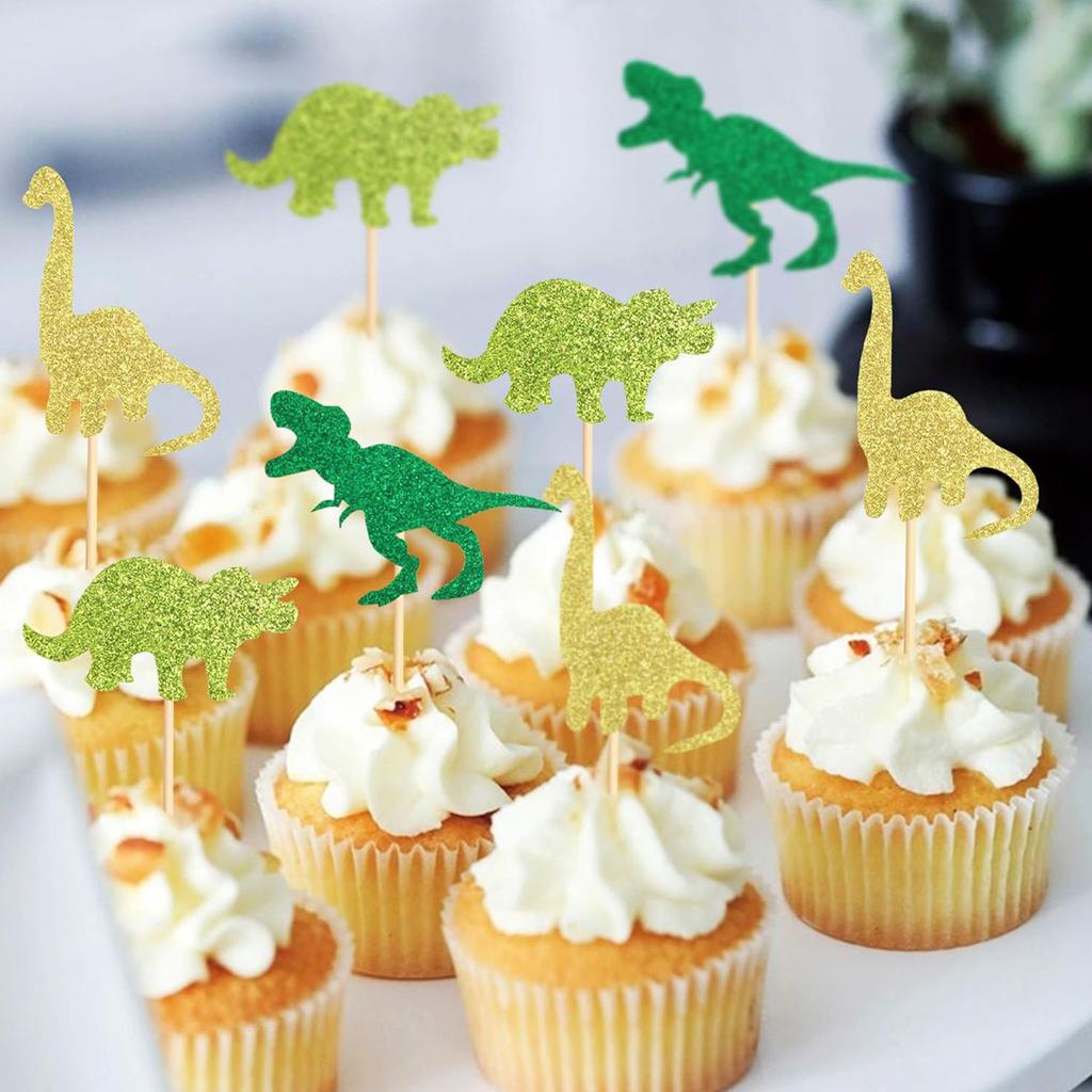 Pack of 24 Dinosaur Cupcake Topper Green Gold Glitter Cupcake Picks Cake Decoration for Baby Shower Wedding Birthday Event Party