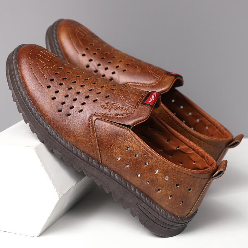 Hollow Mesh Shoes Summer Men's Sandals Hollowed Leather Shoes Soft Leather Cool Leather Shoes Breathable Hole Shoes Middle-aged Dad Men's Shoes