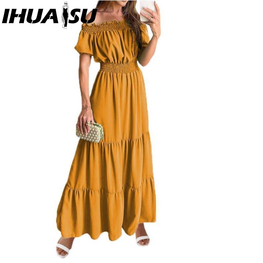 

IHUASU Длинное платье с открытой спиной и эластичной талией Популярный богемный стиль с открытыми плечами S жёлтый