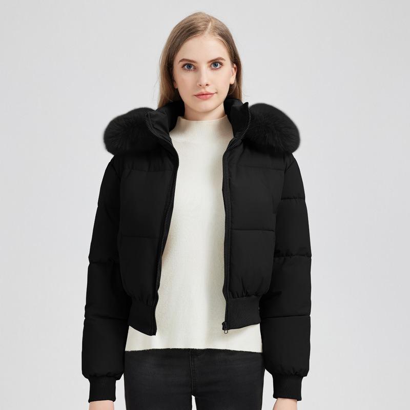 Winter fur collar hooded waist thickened short down cotton clothes for women