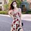 Popular] Rose Floral Suspender Dress Women's Summer New Coffee Break French High-end Temperament Medium and Long Dress