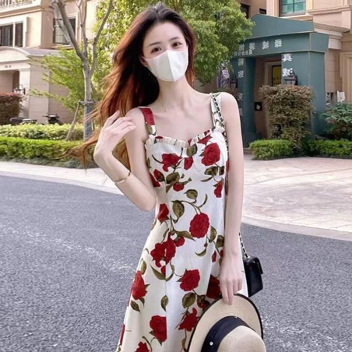 Popular] Rose Floral Suspender Dress Women's Summer New Coffee Break French High-end Temperament Medium and Long Dress