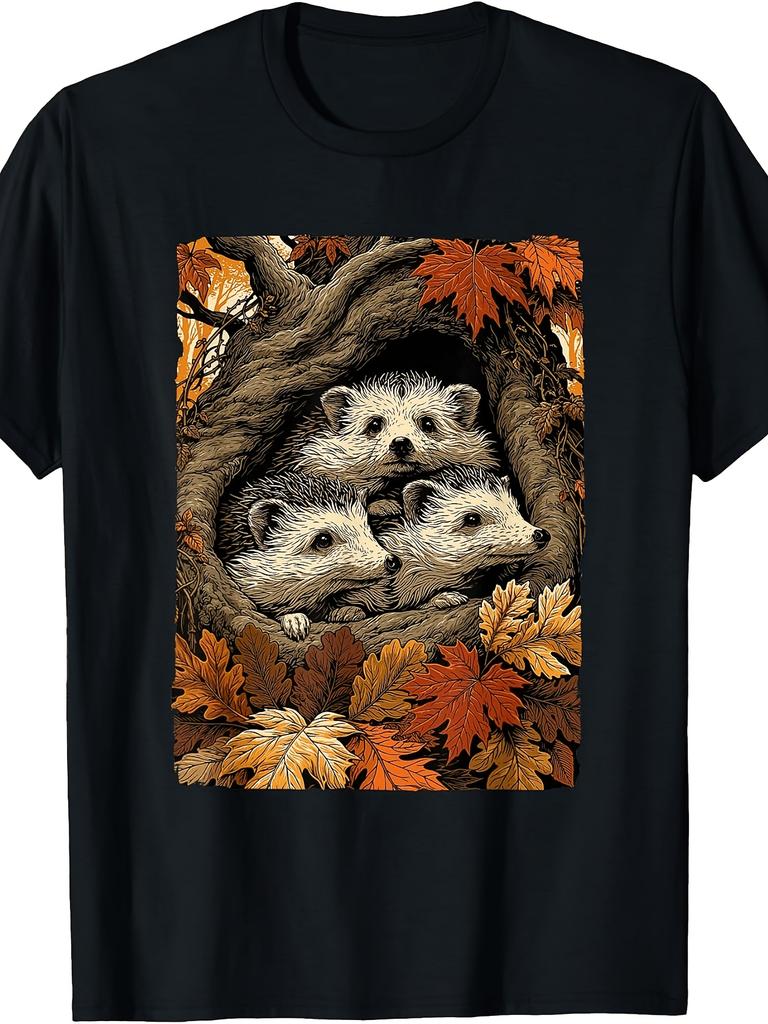Unisex T-shirt Cute Animal Art, Men'S And Women'S T-Shirt, Three Hedgehogs In Tree Hollow with Autumn Leaves, Fall