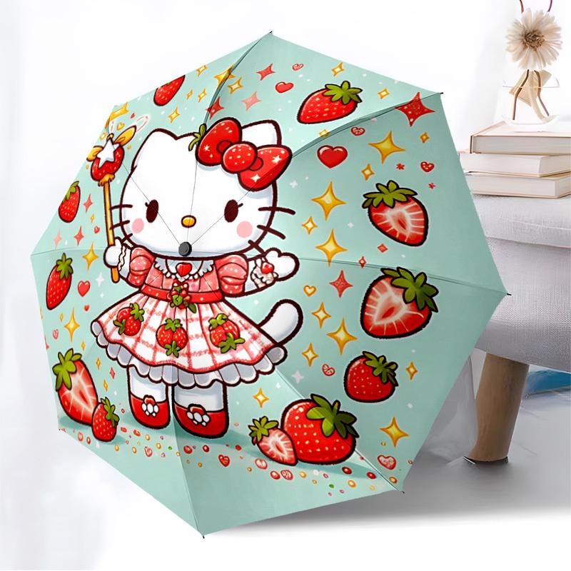1PC Strawberry Hello Kitty Automatic Folding Umbrella | Vibrant Motif & Compact Design for Everyone, On-the-Go Essential - Gift-Worthy Style Yy2509300
