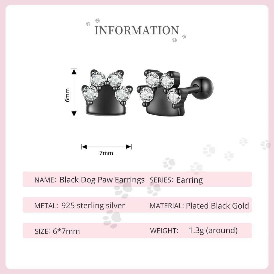 WOSTU 925 Sterling Silver Pink Zircon Pet Dog Paw Stud Earrings For Women Lovely Heart Zircon Ear Studs Birthday Jewelry Gift