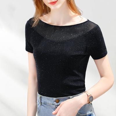 Genialny T-shirt z krótkim rękawem dla kobiet na lato Damski nowy modny T-shirt Seksowny czarny top bazowy z siateczki