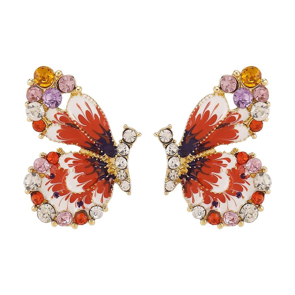 Pink Enamel Butterfly Stud Earrings Colorful Crystal Inlaid Butterfly Earrings Statement Jewelry for Women
