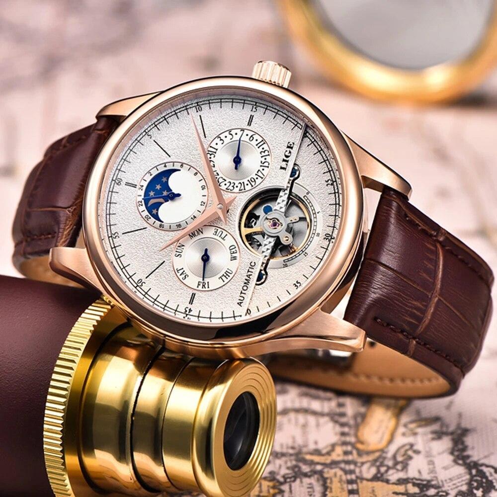 Heren Horloges Automatisch Mechanisch Horloge Tourbillon Klok Echt Leer Waterdicht Horloge Mannen Militaire Polshorloge Man