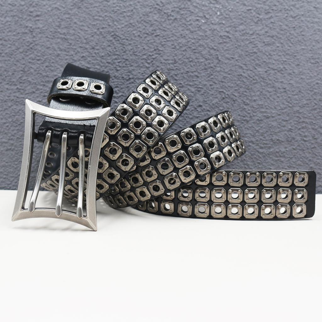New Japanese American Motorcycle Belt Heavy Duty Punk Car Eye Hollow Rivet Men's Cowhide Belt Women's Three-pin Buckle