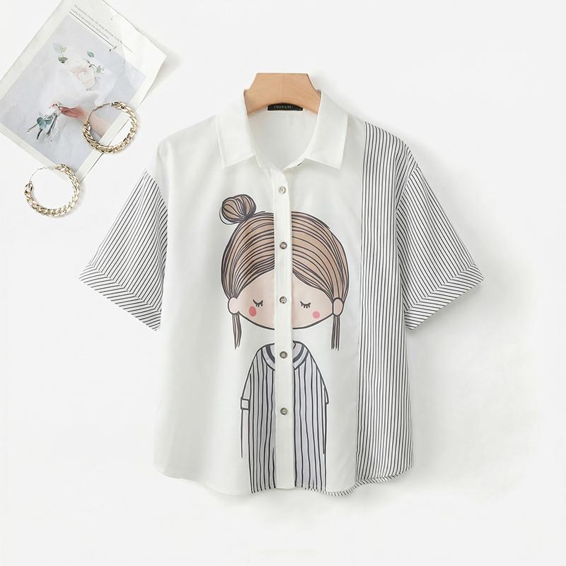 ZANZEA Women Stripe Print Splice Short Sleeve Loose Casual Blouse S чёрный