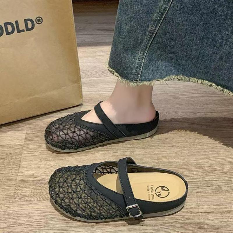 

Fashion outer wear hollow bag head half slippers women s summer new versatile flat bottom mesh cool slippers 40 чёрный