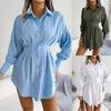 V Neck Solid Color Shirt Dress Retract Waist Elegant Lantern Sleeve Loose Dresses Causal Asymmetric Dress