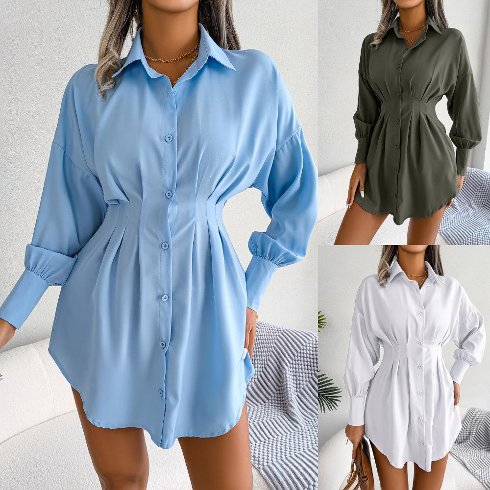 Women Casual Buttons Long Sleeve Shirt Dress Autumn Clothing White Blue Army Green