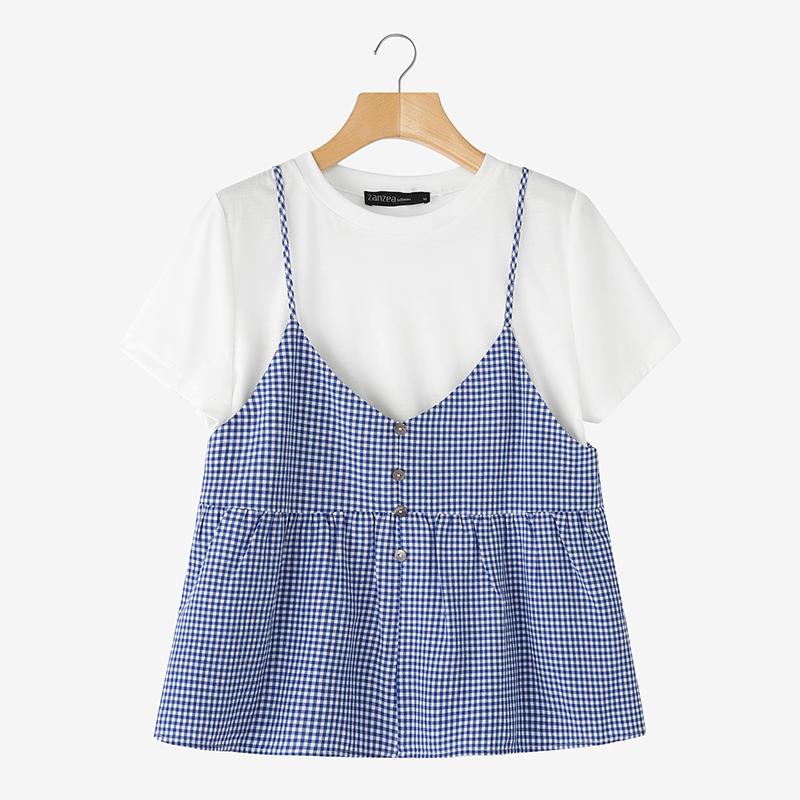 

ZANZEA Women Casual Round Neck Short Sleeve Grid Patchwork Two Piece T-Shirts S