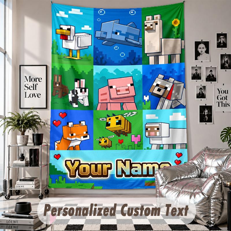 Wall Hanging Tapestry With Custom Name & Text, Minecraft Decorative Tapestry For Bedroom