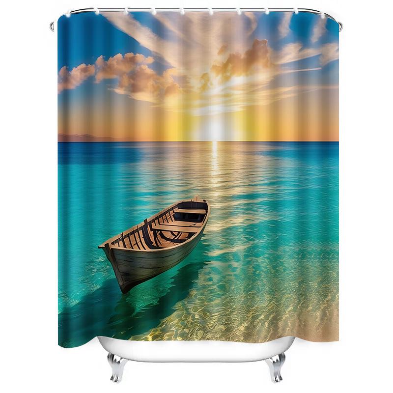 Sunset Sea View Boat Bathroom Curtain Hooks Included Waterproof Fabric For Tub Suitable For Wet And Dry Separation Easy-Clean