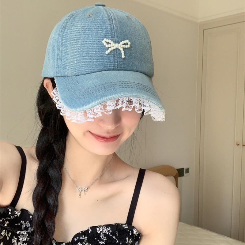 Stylish Women Fabric Baseball Hat with 3D Pearls Bowknot and Lace Trim for Outdoor Sports Activity Breathable Headwear