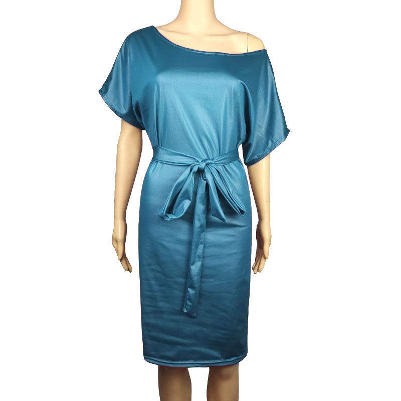 New Fashion Faux Leather Dress - Elastic Diagonal Neck & Batwing Short Sleeve