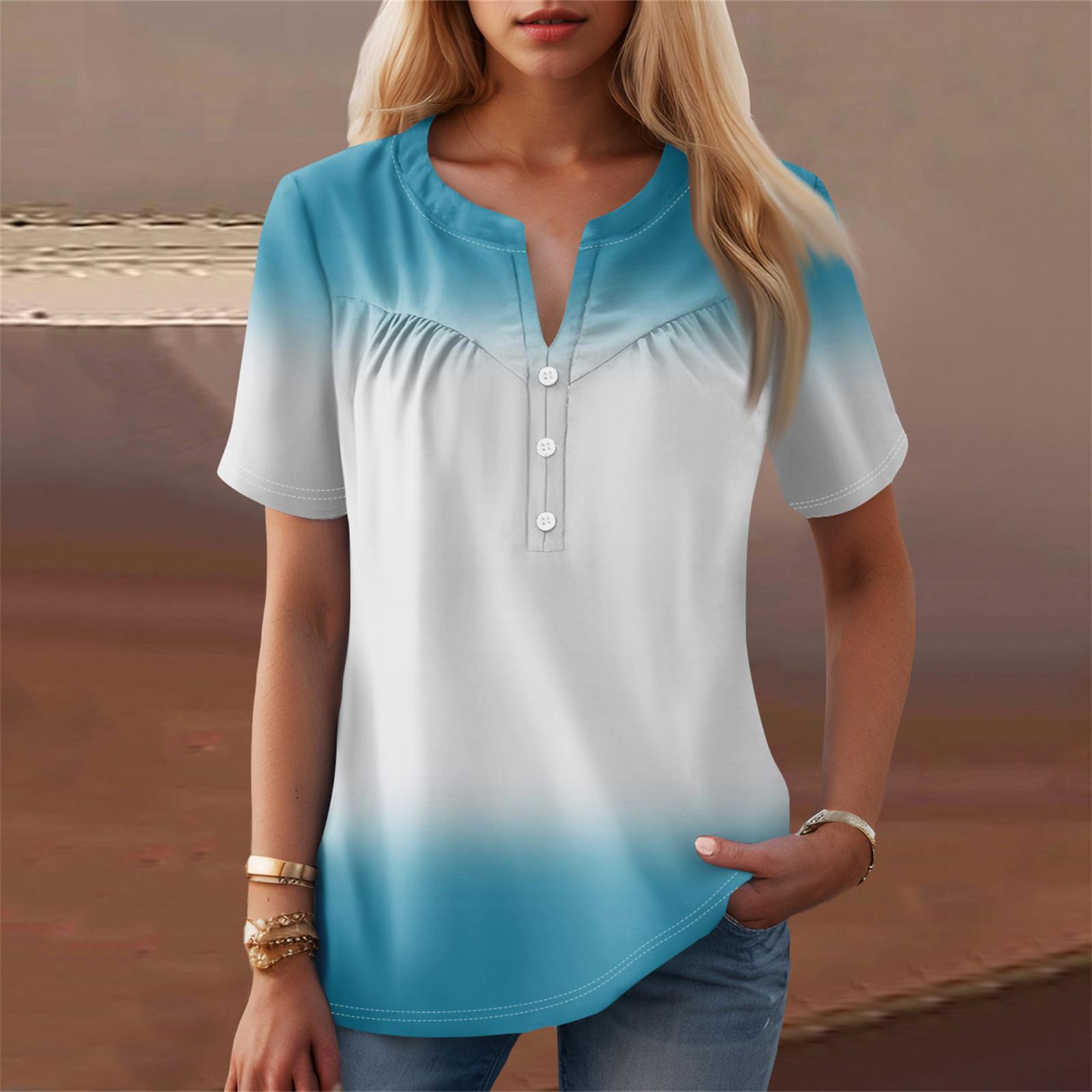 

Жіноча повсякденна футболка з V-подібним вирізом і короткими рукавами з квітковим принтом і декоративними ґудзиками XL небо синє кольору