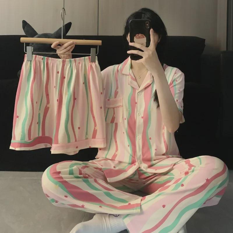 

Дофаминовая пижама: Женский комплект из трех частей: кардиган с коротким рукавом, шорты и длинные брюки XL