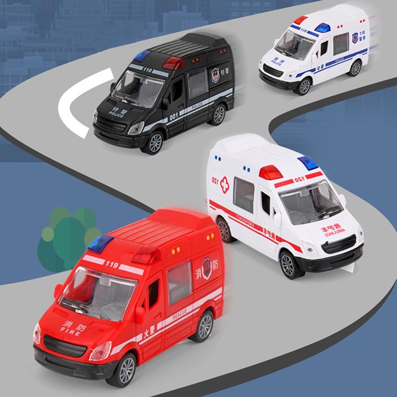 Hospital Rescue Ambulance Police Metal Cars Model Pull Back Sound And Light Toy