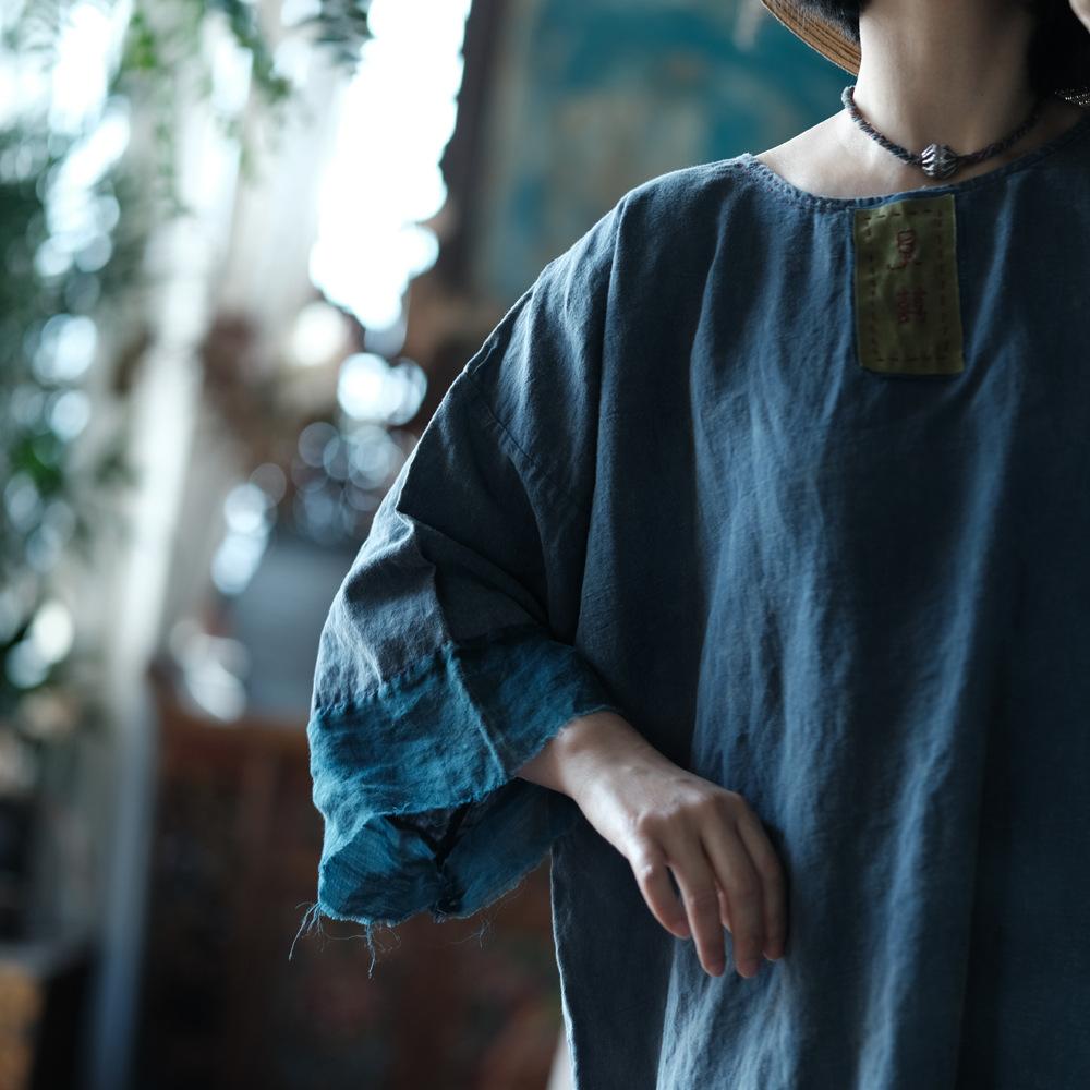 Johnature Women Vintage Blue T-Shirts Patchwork Embroidery Spring Long Sleeve O-Neck Loose T-Shirts