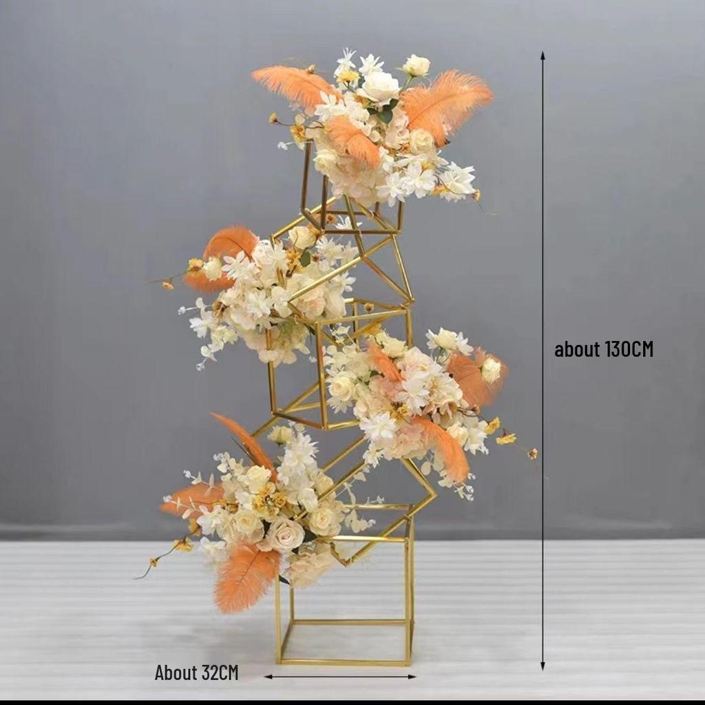 Geometric Gold Flower Wedding Aisle Runner & Artificial Flowers Display