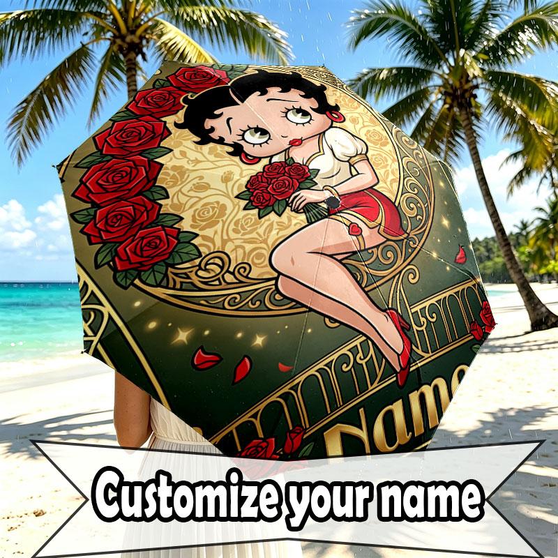 Spersonalizowany Parasol z Nadrukiem Betty Boop z Imieniem, Automatyczne Otwieranie i Zamykanie, Wytrzymały Stelaż z 8 Żebrami, do Codziennego Użytku, na Kemping i Piesze Wycieczki, Prezent Urodzinowy