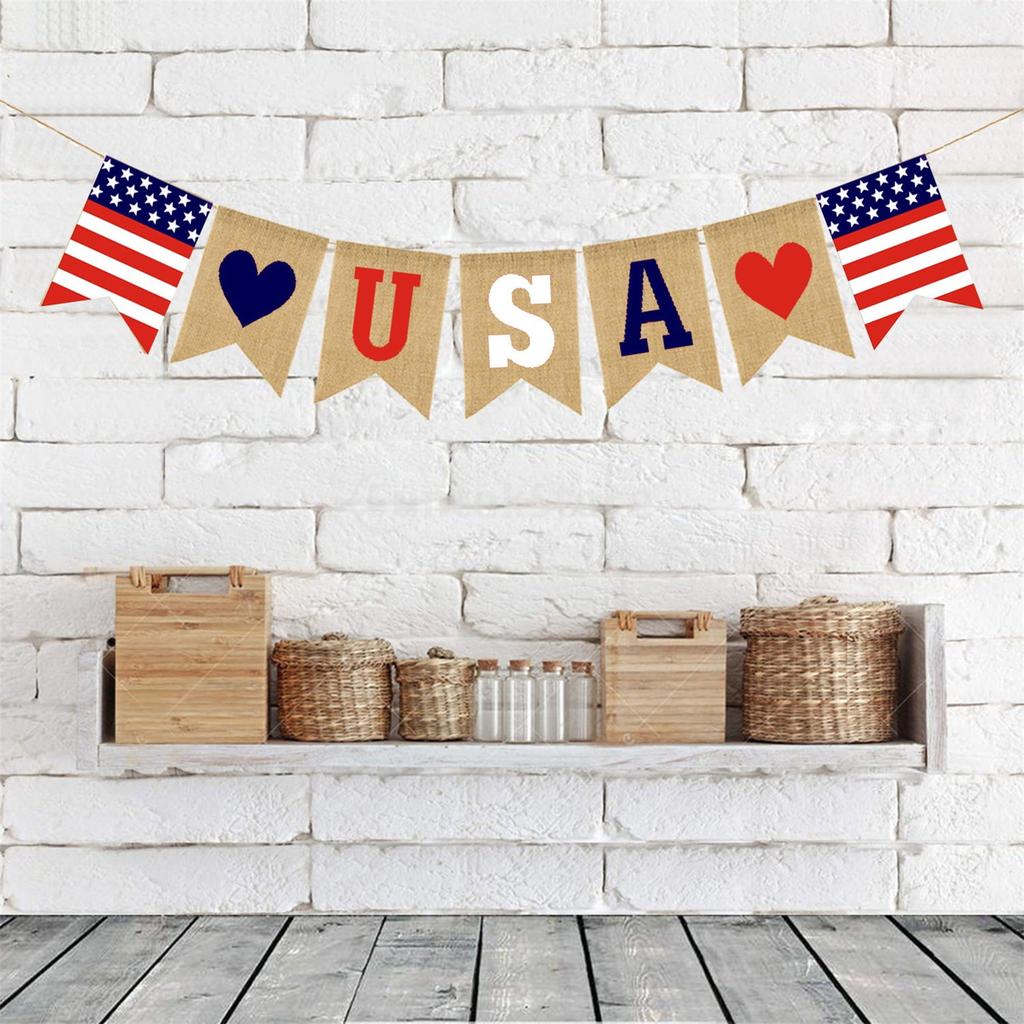 Banner Patriotic Decorations Red Blue White USA American Flag Jute Flag Banner For Independence Day Labor Day Military Events USA