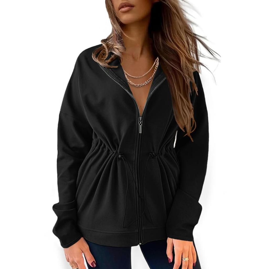 Women's Solid Color Fashionable Long Sleeved Hooded Zipper Casual Jacket