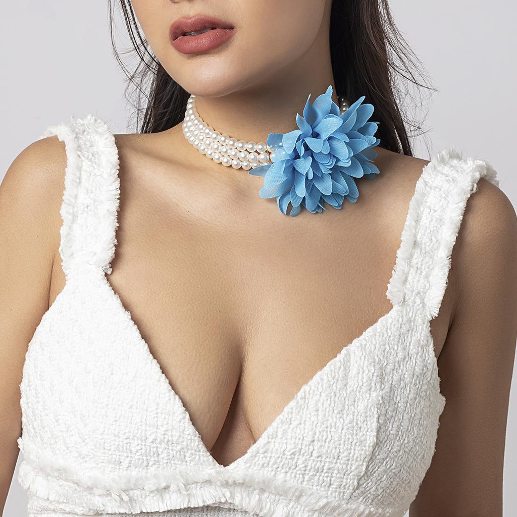 Vintage Imitation Pearl Floral Beaded Necklace, Handmade Chiffon Large Flower Collarbone Chain Collar