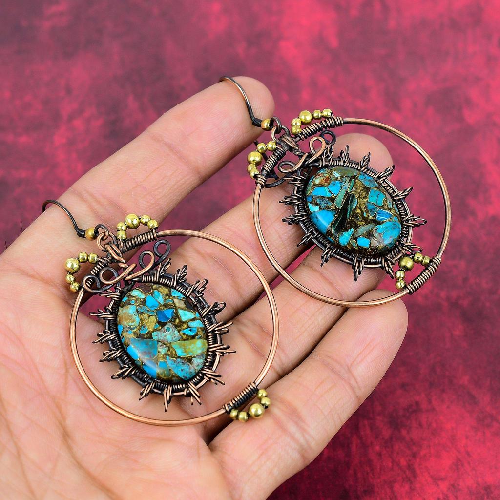Kupfer Chrysokoll Ohrring Kupferdraht umwickelter Ohrring Handgemachte Edelsteinohrringe Kupferschmuck Zarter Ohrring Geschenke für sie Drahtschmuck