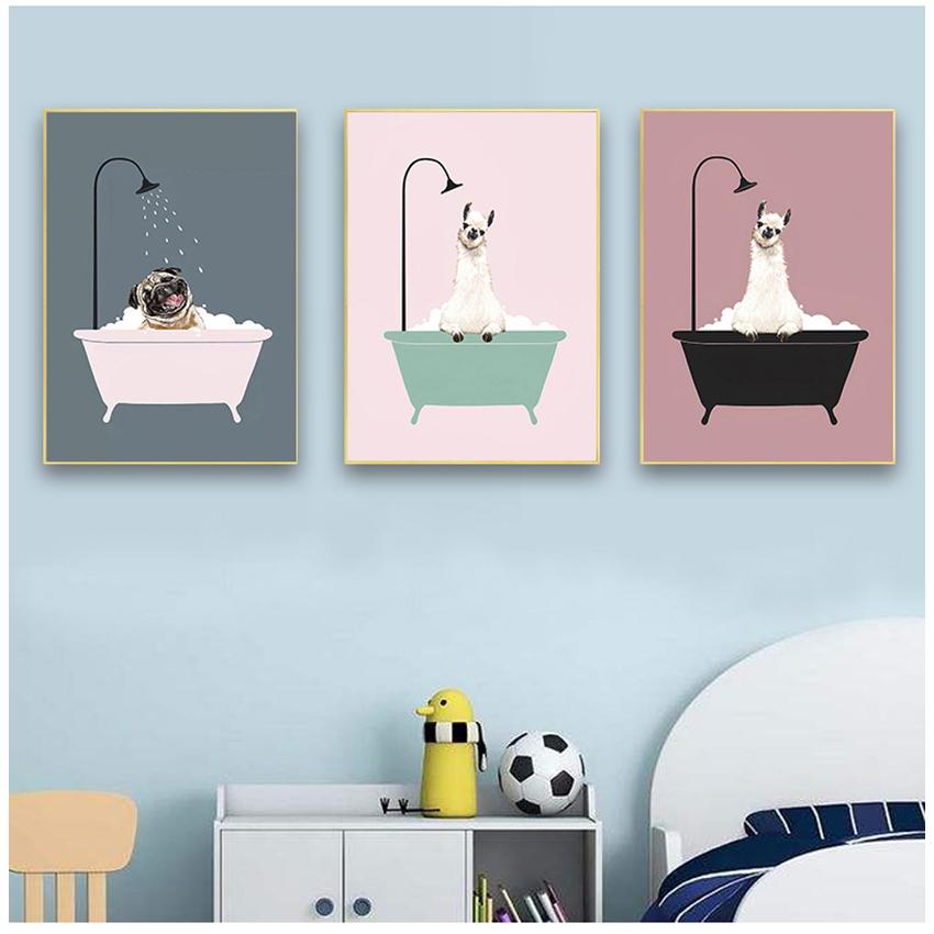 Picture Nordic Baby Girl Room Decor Nursery Wall Art Canvas Minimalist Bath Animal Pink Cartoon Painting Decoration
