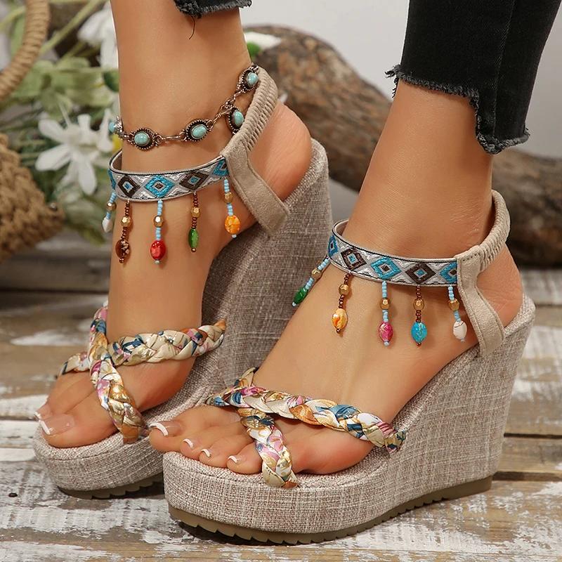 Bohemian Tassel Wedge Heel Sandals for Women Summer 2025 Printed Braided Gladiator Sandals Woman Chunky Platform Sandalias Mujer