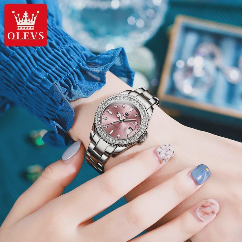 OLEVS Kvartsklokke for kvinner Diamond Dial Luxury Rustfritt stål Vanntett Elegant Dame Mote Topp Merke Dameklokke