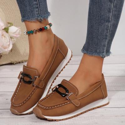 Moda Casual Decoração Metálica Slip On Scarpins Mulher 2025 Outono Salto Baixo Antiderrapante Mocassins Conforto Sola Macia Costura Decoração Sapatos