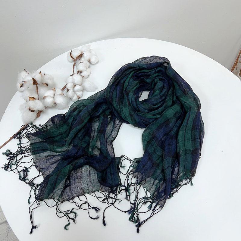 Breathable 100% Linen Scarves Green Plaid Retro Linen Scarf Women's Artistic Versatility Spring and Summer Shawls and Scarves