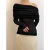off-Shoulder Pure Color Knitwear Long Sleeves off-Shoulder Swaying Thin Silm Low Classic Ruched Sweater