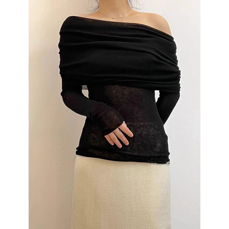 off-Shoulder Pure Color Knitwear Long Sleeves off-Shoulder Swaying Thin Silm Low Classic Ruched Sweater