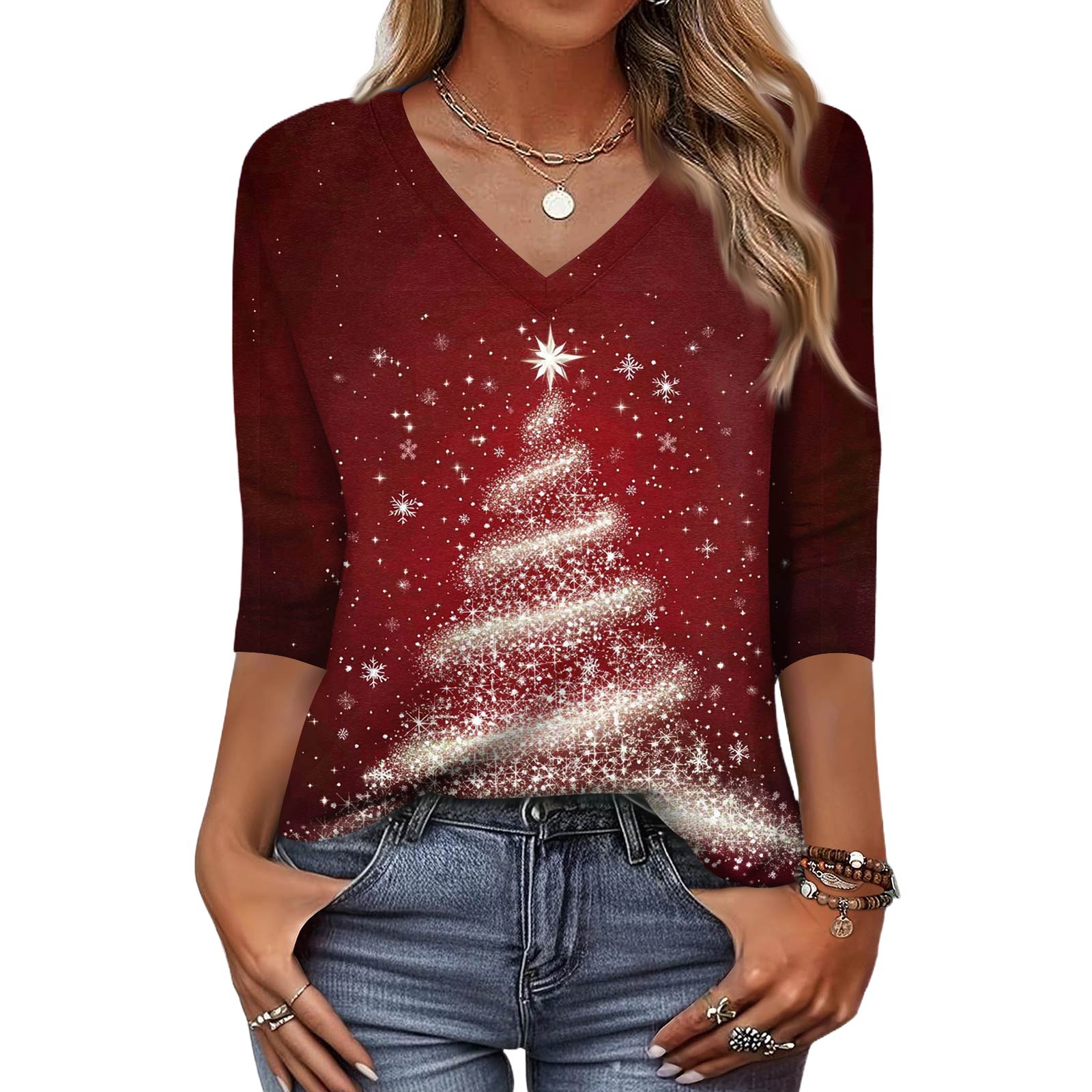 

Модный винтажный топ с рукавом 3/4 для женщин, женская повседневная футболка с рукавом три четверти, V-образным вырезом и принтом M винный