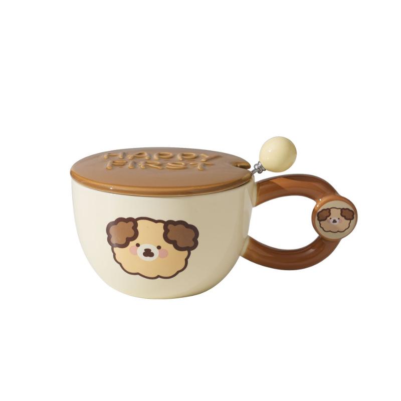 Runde Tier-Frühstückstasse mit Deckel Löffel Keramik Paar Heimtasse Super Süße Wassertasse Kreativer Becher