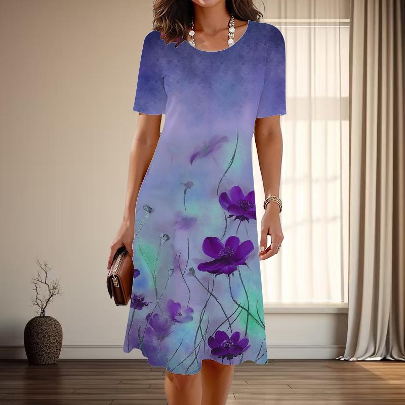 

Женская мода изящный принт лотоса лето весна короткий рукав О-образный вырез повседневные платья 8XL фиолетовый