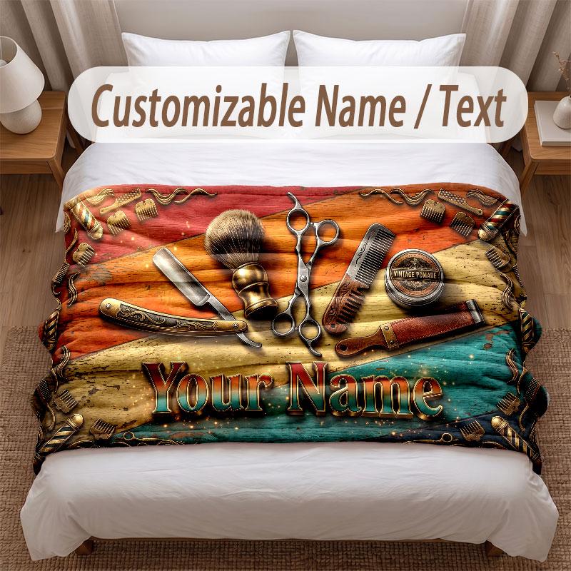 Barber Salon Theme Soft Blanket Personalized Custom Name Text Print Warm Blanket Home Sofa Bedroom Decor