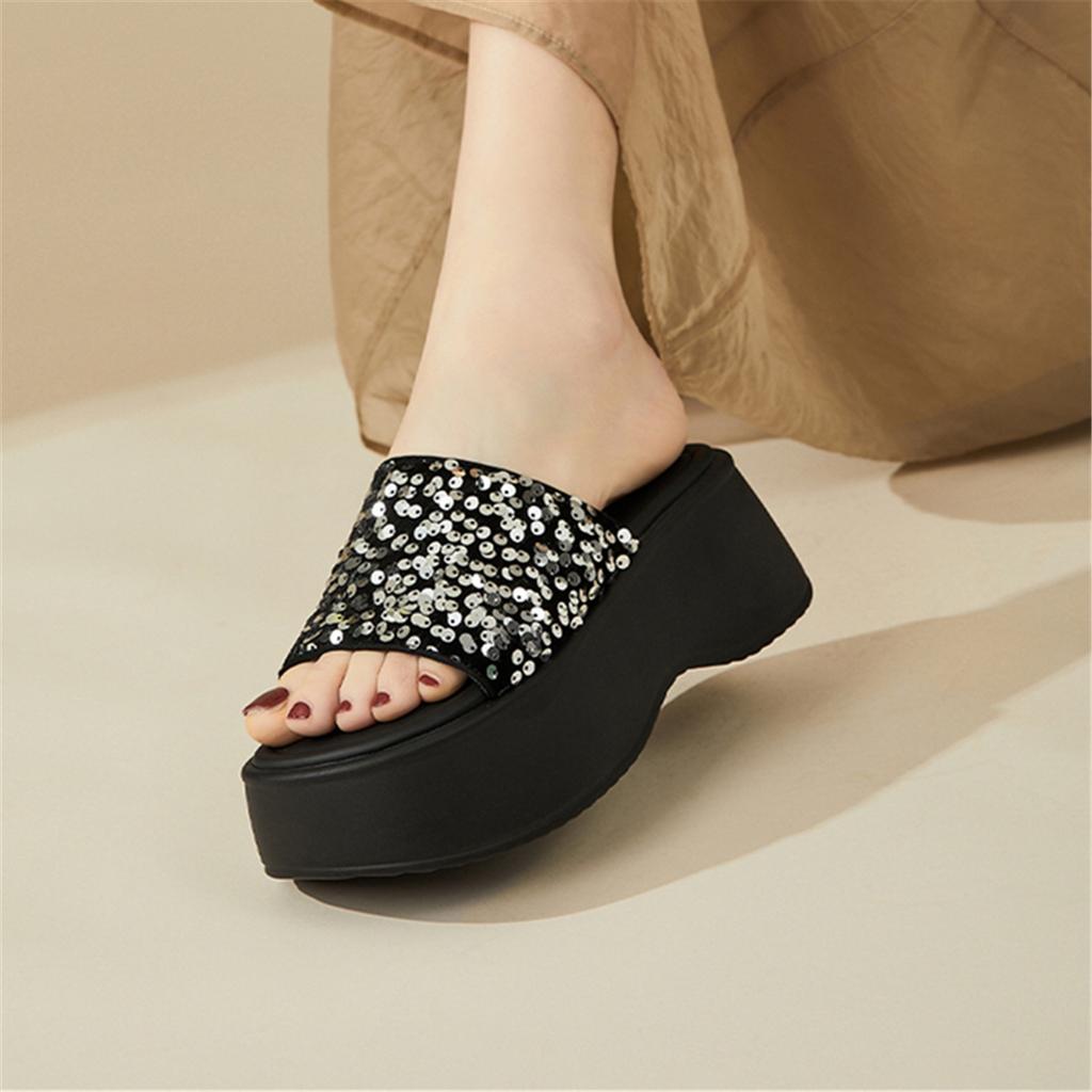 Women's Thick Heel Slippers Summer New Beach Slippers Outdoor Casual Platform Sandals Shiny Sequins Slippers for Women