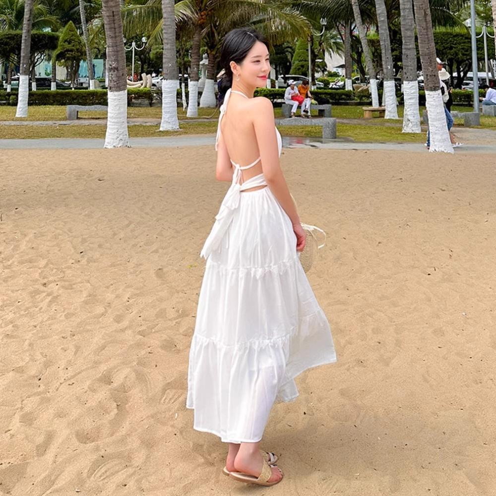 Beautiful Sanya seaside photo skirt temperament white neck sling backless dress long holiday beach dress