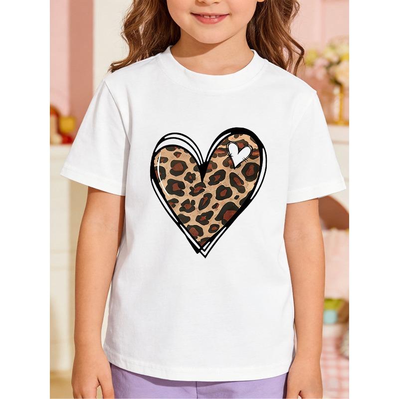 European Sizes Girls' Short Sleeve Leopard Print Heart Graphic T-Shirt, Summer Kids' Round Neck Top