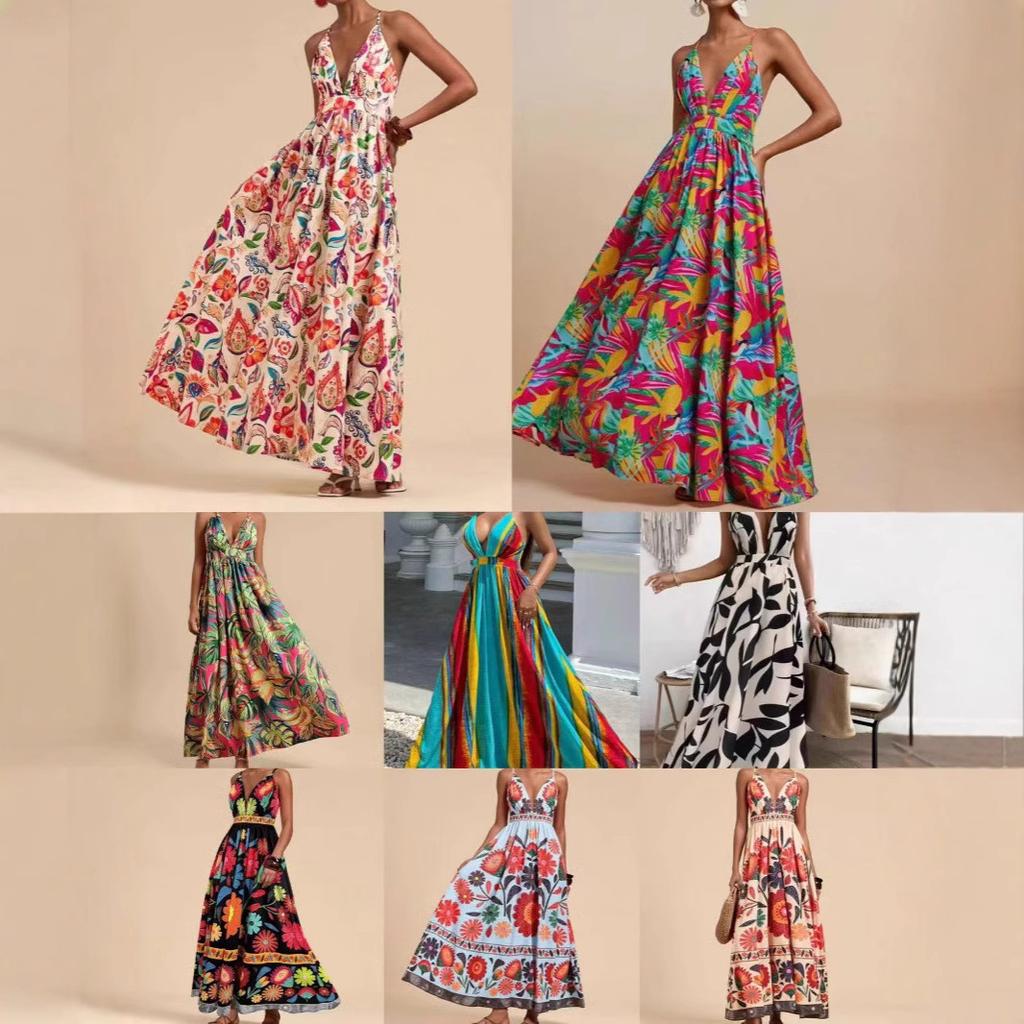 Women's V Neck Sleeveless A Line Dress Slim Fit Mid Rise Boho Floral Print Spaghetti Strap Maxi Dress