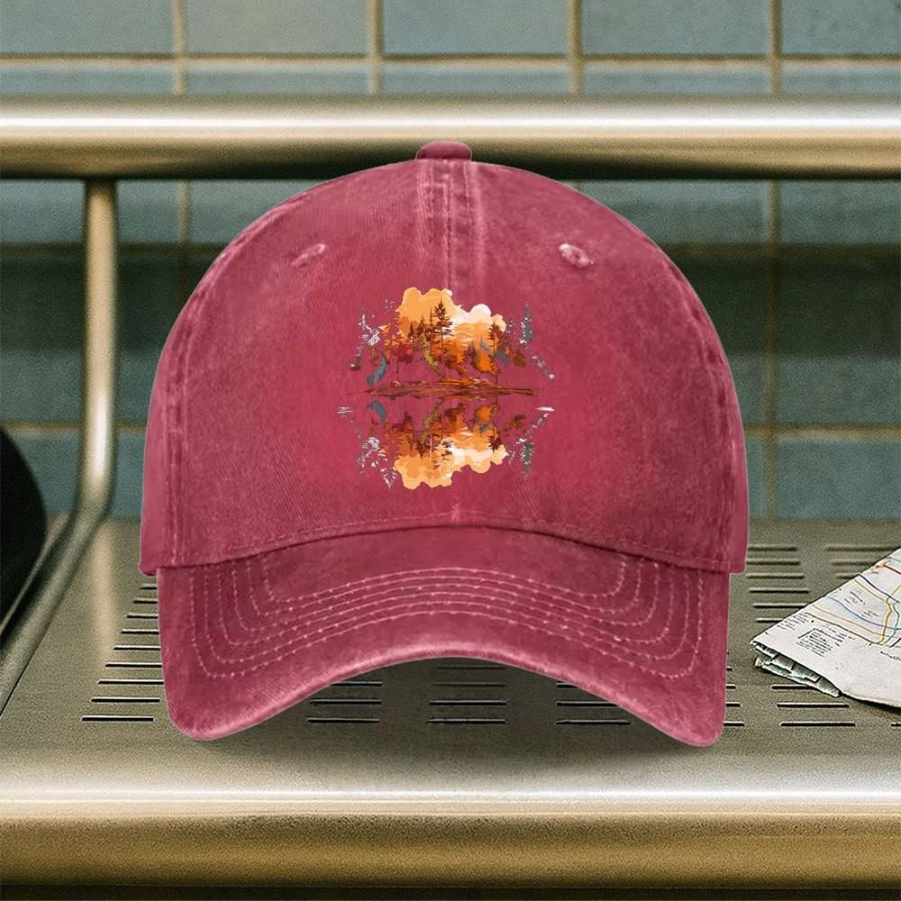 Lakeside Scenery Print Washed Denim Baseball Cap Adjustable Casual Outdoor Sun Hat