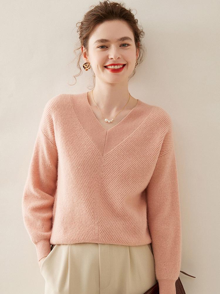 Women's V-neck Pure Cashmere Ribbed Stitch Loose Sweater - Autumn/Winter Thick, Skin-friendly Base Layer